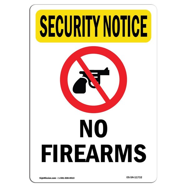Safety Sign, OSHA SECURITY NOTICE, 5" Height, No Firearms, Portrait, 10PK